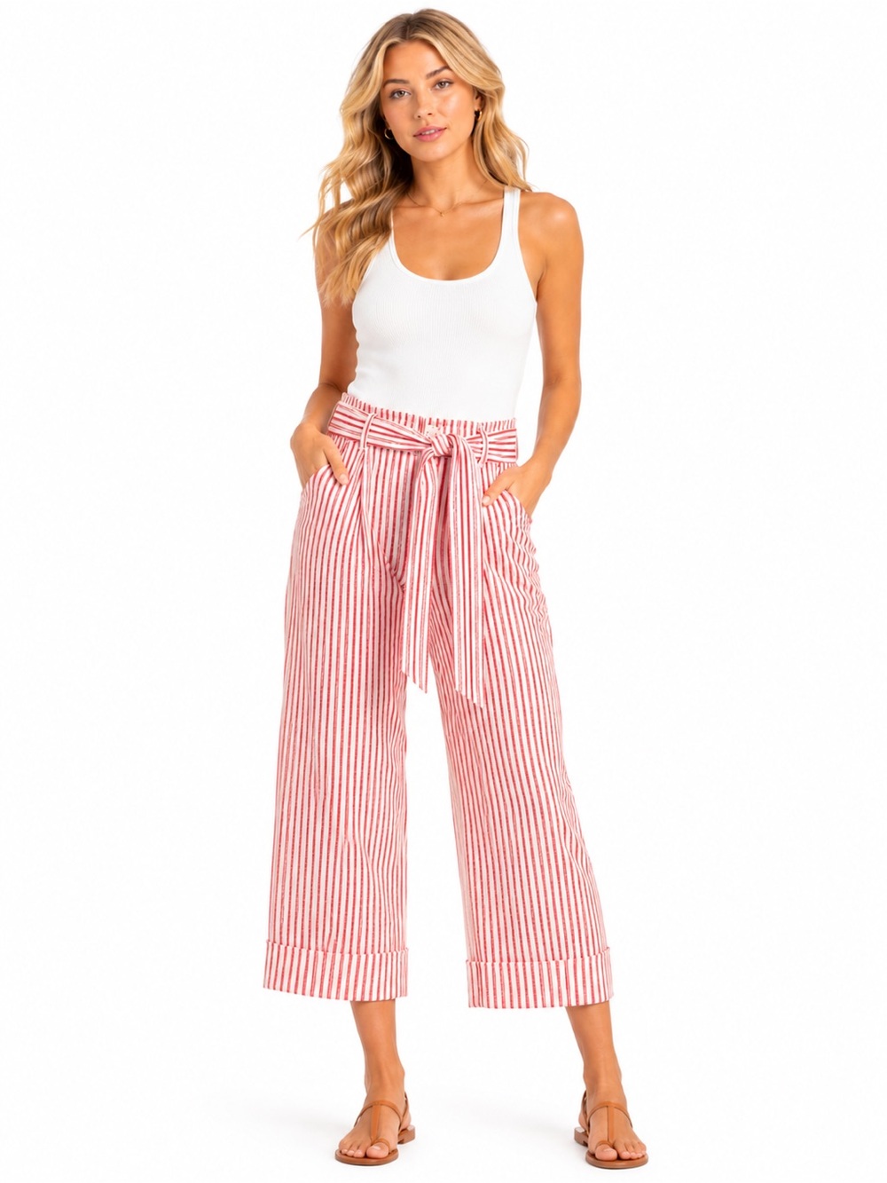 Joules Size 12 Paperbag Striped Tie-Waist Wide Leg Pants - Red/White